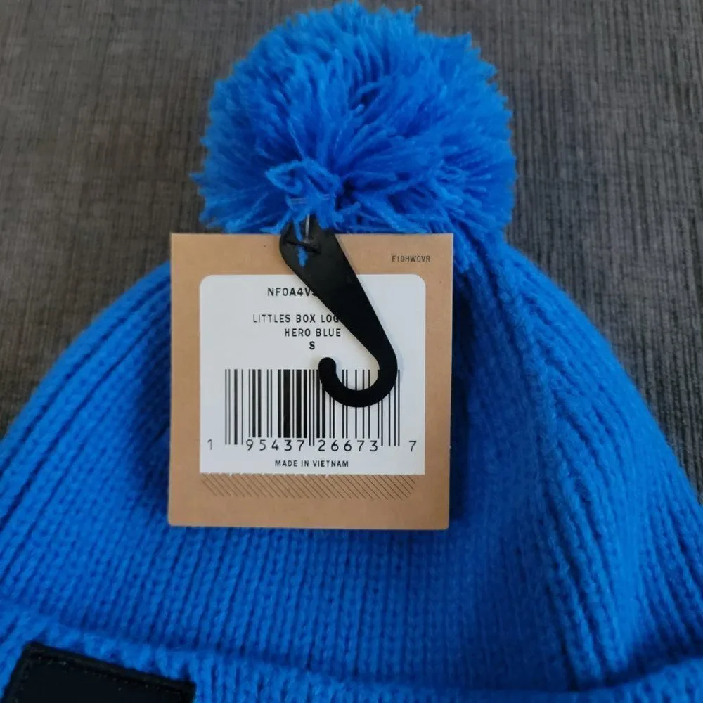 The North Face Kids' Littles Box Logo Pom Beanie Blue Hats S